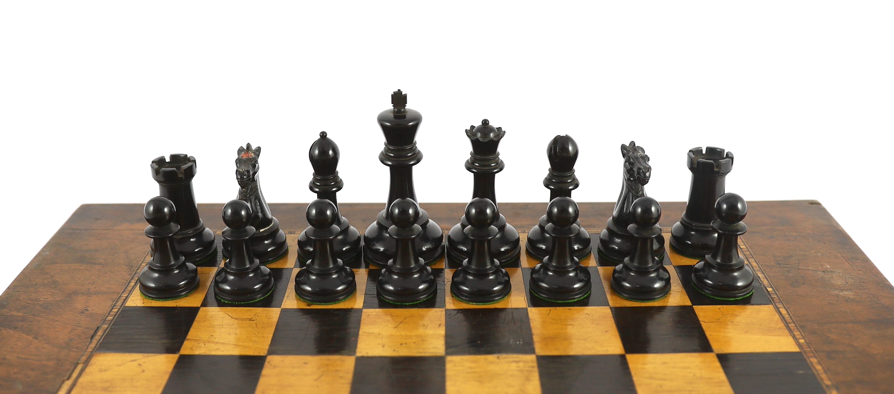 A Jacques ebony and boxwood Staunton pattern chess set, 44 x 39cm when open